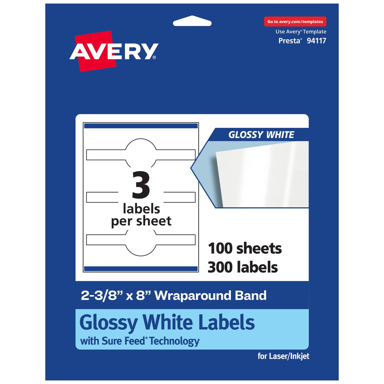 Avery Glossy White Wraparound Labels with Sure Feed, 2-3/8" x 8"
